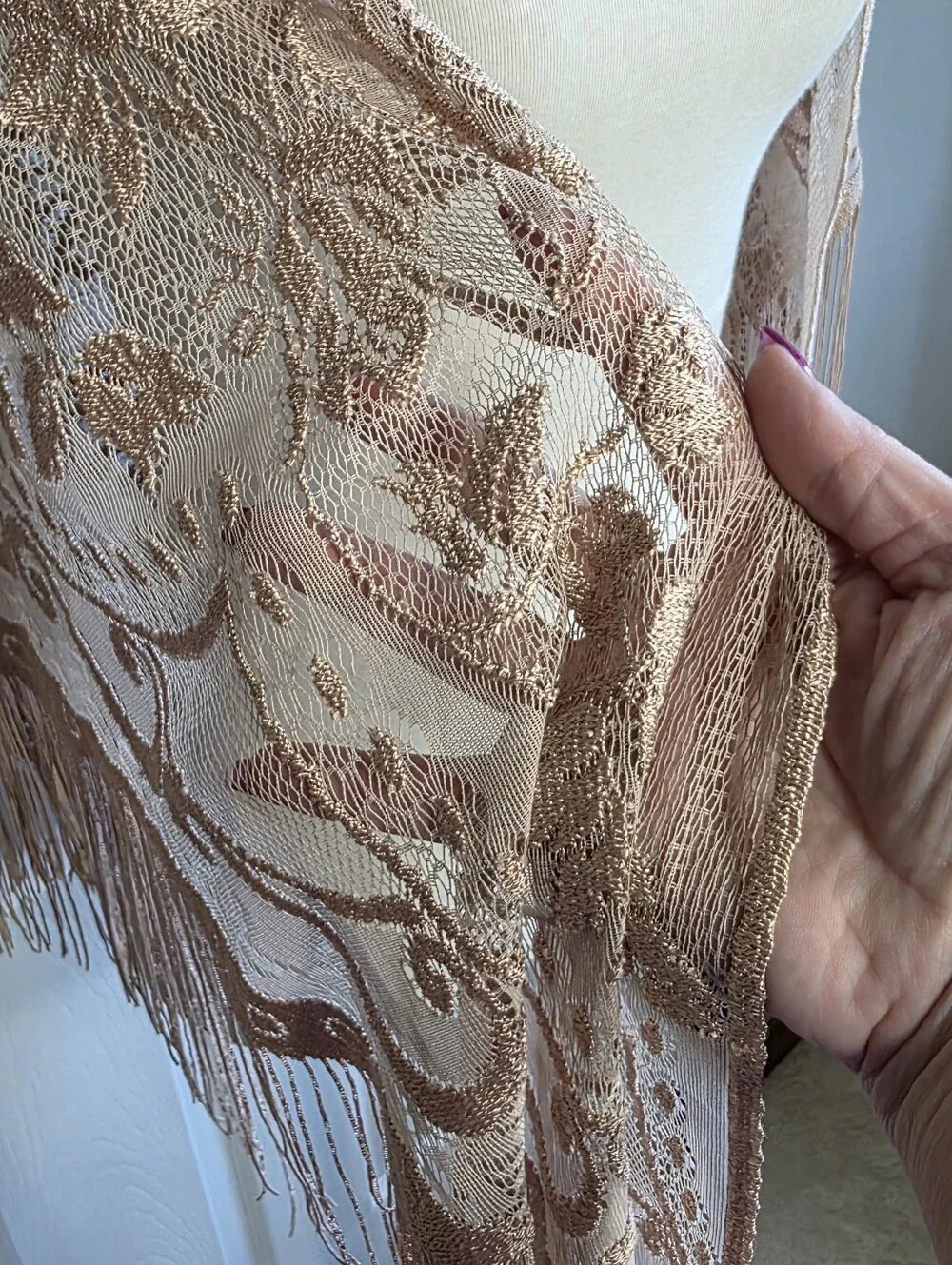 Floral Lace Fringe Shawl Scarf Wrap in Cream Blush Beige